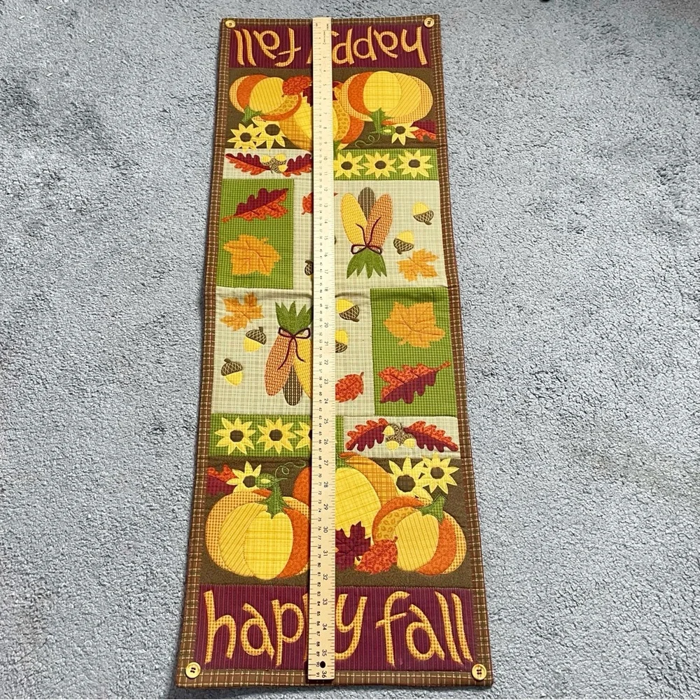 Happy Fall 36x13 Table Runner, Pumpkins, Leaves, Corn, Sunflowers, Hanging